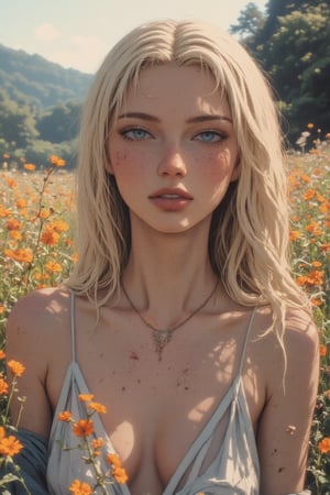 Close up front view portrait of a cute woman in a field of wildflowers. Her long wavy blonde hair blows gently in the breeze.  She seems peaceful and content as the spring sun warms her pale freckled skin after a cold winter and melts the last of the snow. She wears a sheer white sleeveless dress and her natural figure looks relaxed and comfortable. ne0nfant4sy, vantablack, grainy, perfect composition, close up, detailed, intricate details, natural face, no makeup,