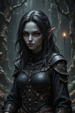 masterpiece, ultimate detailed, tiny finnest details, stunningly beautiful female dark elf ranger, female drow, pale grey skin, wearing a tattered leather armour, in the middle of a fantasy forest at night, darkness, fantasy concept art, illustration, Dungeons and Dragons original concept art, fantasy illustration, looking at the viewer with an arrogant expression, smirk, 