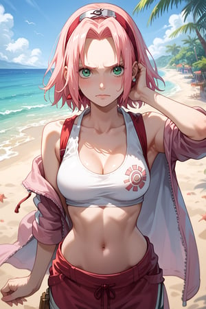 score_9, score_8_up, score_7_up, source_anime, one piece swinsuit, 1girl, haruno sakura, pink hair, short, hair, green eyes, forehead protector, embarrassed, looking at viewer, beach Expressiveh