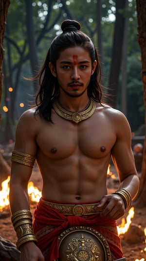 Depict Lord Hanuman in a forest clearing at dusk, with fires surrounding him. His monkey-like face is depicted in hyper-realistic detail, with a focused expression and piercing gaze. His skin should be textured with a brownish hue, and the muscles across his chest and arms should be accentuated by the flickering firelight. His powerful physique, covered in a fine layer of fur, reflects his unparalleled strength and agility.

Hanuman’s tail is long and agile, arching over him as if ready to strike, adding an aura of readiness and control. He wears traditional gold arm bands and a necklace that shine in the firelight, their brilliance enhanced by the dark backdrop of the forest. Around his waist, he has a red cloth, frayed at the edges, revealing his wild and untamed nature. His chest bears the sacred symbol of Lord Ram, engraved and faintly glowing with divine energy. In his hand, he clutches his massive golden mace, its surface covered in carvings that glow in the reflected fire. The background features trees illuminated by the fire’s glow, with embers rising into the air, creating an intense, almost primal scene. The warm, flickering lighting casts dynamic shadows, emphasizing the contours of his face and muscles, making him appear both majestic and intimidating.