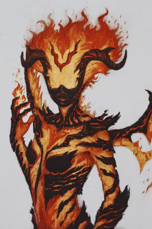 (score_9, score_8_up:1.2), source_anime, 1girl, sktfl, monster girl, faceless, no eyes, fiery hair, demon horns, orange hair, orange skin, colored skin, sharp fingernails, claws, wings, (fire, flames, fire wings), flame background, (from side, hand curled near face, white background, white theme)