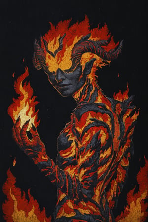 (score_9, score_8_up:1.2), source_anime, 1girl, sktfl, monster girl, faceless, no eyes, fiery hair, demon horns, orange hair, orange skin, colored skin, sharp fingernails, claws, wings, (fire, flames, fire wings), flame background, (from side, hand curled near face