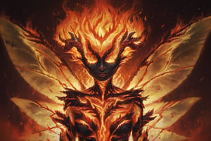 (score_9, score_8_up:1.2), source_anime, 1girl, sktfl, monster girl, faceless, no eyes, fiery hair, demon horns, orange hair, orange skin, colored skin, sharp fingernails, claws, wings, (fire, flames, fire wings), flame background