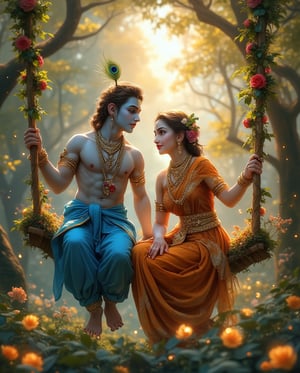 Generate a heartwarming scene where Lord Krishna, wearing a blue dhoti, a flowing sash, and his iconic peacock-feathered crown, is swinging on a flower-laden swing alongside Goddess Radha, who is dressed in a gorgeous bridal saree with golden embellishments. Both are looking at each other with deep affection, surrounded by divine forest elements like glowing flowers and soft, ethereal light."