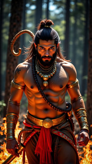 Depict Lord Hanuman in a forest clearing at dusk, with fires surrounding him. His monkey-like face is depicted in hyper-realistic detail, with a focused expression and piercing gaze. His skin should be textured with a brownish hue, and the muscles across his chest and arms should be accentuated by the flickering firelight. His powerful physique, covered in a fine layer of fur, reflects his unparalleled strength and agility.
Hanuman’s tail is long and agile, arching over him as if ready to strike, adding an aura of readiness and control. He wears traditional gold arm bands and a necklace that shine in the firelight, their brilliance enhanced by the dark backdrop of the forest. Around his waist, he has a red cloth, frayed at the edges, revealing his wild and untamed nature. His chest bears the sacred symbol of Lord Ram, engraved and faintly glowing with divine energy. In his hand, he clutches his massive golden mace, its surface covered in carvings that glow in the reflected fire. The background features trees illuminated by the fire’s glow, with embers rising into the air, creating an intense, almost primal scene. The warm, flickering lighting casts dynamic shadows, emphasizing the contours of his face and muscles, making him appear both majestic and intimidating
