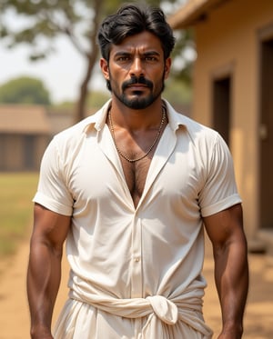  a highly detailed and realistic image of a mature Indian man in his mid-40s with a strong, chiseled, and muscular body. His skin is a warm wheatish brown tone with a subtle tan from working outdoors. The man has a rugged, weathered face with visible laugh lines, a strong jawline, and a well-maintained thick mustache that curls slightly at the ends. His hair is short, black with a few streaks of gray, neatly combed back. His piercing, dark brown eyes give off a sense of wisdom and strength. He’s wearing a traditional white cotton kurta that is loosely fitted but highlights his broad chest and shoulders, paired with a matching pajama that has the distinctive 'chaudhary' style, common among Jaats from rural northern India. The kurta's sleeves are rolled up halfway, revealing his muscular forearms. Around his neck, he has a simple gold chain, and he’s standing confidently in front of a rustic village house, with a farmland backdrop visible in the distance. The sunlight bathes the scene in a warm, golden hue, accentuating the textures of his clothing and skin, giving the image a natural, earthy feel.