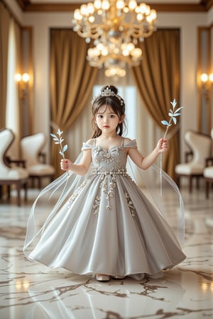 5-year-old baby girl, round face with soft chubby cheeks, hazel eyes filled with excitement, light brown hair styled into a small bun with a tiara on top, dressed in a sparkly silver princess gown with a flowing cape, standing in the middle of a grand ballroom, expression full of joy, holding a toy magic wand in one hand, twirling around in her gown, large chandeliers hanging above, marble floors reflecting the light, huge golden curtains framing the windows, vibrant and royal setting, soft music playing in the background, dimpled hands clasping the wand, feeling like a little princess in a magical world.