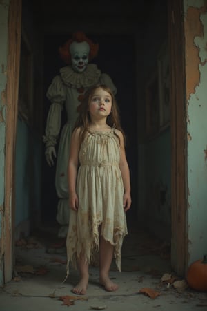 A young girl with a pale face, wearing tattered clothes hanging loosely on her limbs, stained and torn, standing barefoot in a dark and gloomy house. The room is dimly lit, casting long shadows, with a sense of decay and neglect. The girl stands in the center, looking lost and vulnerable, the composition emphasizing her isolation in the eerie setting. In the shadows behind her, a creeping scary clown character figure lurks, its grotesque features barely visible, adding to the atmosphere of dread and menace.