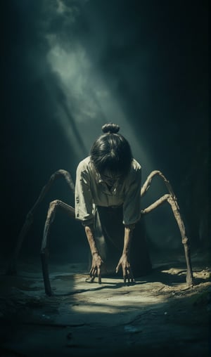 
A Canon EOS R5 captures a haunting scene: a shabby-dressed zombie woman with spider-like legs crawls forward, viewed from the front, amidst thick fog/smoke. Her traditional Japanese hairstyle stands out against an eerie white-dominated attire. Giant spider-leg extensions rise from her back, casting long shadows on her pale face lit by dim light from below. Focus sharp on her, blurring the unsettling environment with a shallow depth of field.