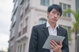 toodlingfc Handsome 40 year old, Wearing teenage glasses, Skinny, Big eyes, with brown Japanese hair, he is thin, tall. businessman holding digital pc tablet standing outdoor at business office building. Hispanic cute man in suit working using touchpad computer