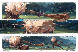 score_9,score_8_up,score_7_up,source_anime,high quality, masterpiece,2 panels, long shot,panel1 : a hillichurl running in the grassy wilderness,side view,large_scale,detailed_background,motion lines,panel2: a hillichurl attacking using his wooden club,comic panels, manga page,holding sword,low guard sword parry stance