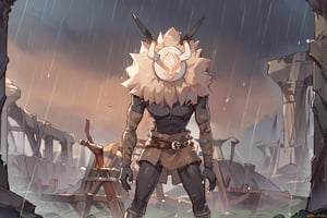 score_9,score_8_up,score_7_up,source_anime,high quality, masterpiece,portrait ,focusing on a single hillichurls,rubbles and ruins in the backgound,(front shadow:1.5),standing in the foreground with a heavy rain in the background, dark overcast sky with stormy gray clouds,dark blue background,wet body,black skin,
