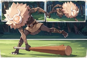 score_9,score_8_up,score_7_up,source_anime,high quality, masterpiece,2 panels, long shot,panel1 : a hillichurl running in the grassy wilderness,side view,large_scale,detailed_background,motion lines,panel2: a hillichurl attacking using his wooden club,comic panels, manga page