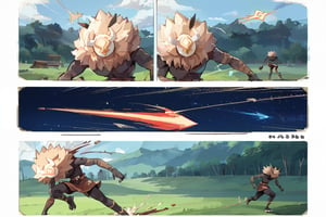 Prompt: score_9,score_8_up,score_7_up,source_anime,high quality, masterpiece,2 panels, long shot,panel1 : running in the grassy wilderness,side view,large_scale,detailed_background,motion lines,panel2:hillichurls running,Killed by Arrows