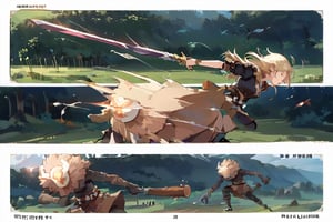 score_9,score_8_up,score_7_up,source_anime,high quality, masterpiece,2 panels, long shot,panel1 : running in the grassy wilderness,side view,large_scale,detailed_background,motion lines,panel2: a girl dashing,side view,comic panels, manga page,