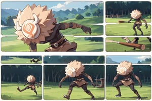 score_9,score_8_up,score_7_up,source_anime,high quality, masterpiece,2 panels, long shot,panel1 : a hillichurl running in the grassy wilderness,side view,large_scale,detailed_background,motion lines,panel2: a hillichurl attacking using his wooden club,comic panels, manga page