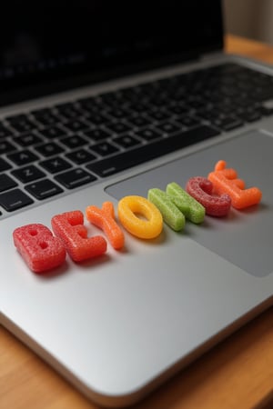 Colorful candy gummies that form the word: BEYONCÉ. These gummies are on a part of a laptop on a wooden desk. (it has to look realistic)