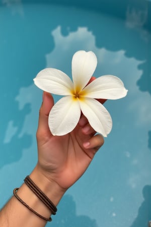 It's as if I had taken a photo of my tan hand with a bracelet on, holding a flower with 6 petals and pool water in the background