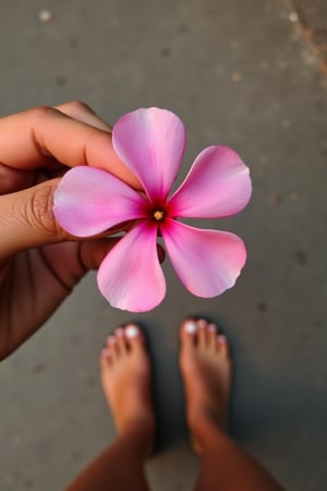 grab a pink flower and you can see my shoes and the ground in the background, it is as if I had taken a photo and you see my hand holding a pink flower with 5 petals, there is a sunset and it is reflected on the floor