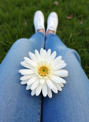 It's as if I had taken a photo of myself and in the image I see my jeans and on top of it a white flower with many petals, and in the background the grass is blurred, I am sitting on the green grass with white sneakers.