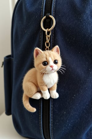 creates laminated baby kitten keychains, the keychains are found in the closure of a jeans backpack