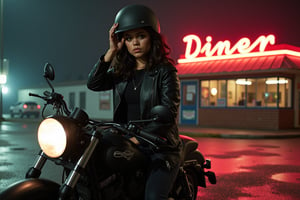 Jenna Ortega arrives on a sleek, black motorcycle, dressed in an all-black, edgy outfit with a leather jacket, black fitted jeans, and combat boots. She removes her matte black helmet, revealing her determined eyes under the pale glow of a streetlamp. The street is wet, with mist rising from the pavement, and the diner’s flickering neon sign in the background casts faint reflections on the ground.,j3nnaort3ga