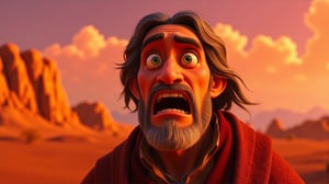 style: Disney cartoon style, 8k, realistic lighting and shadows, vibrant colors, cinematic background, Pixar-like rendering style. A close-up reveals the face of the prophet, his features suddenly filled with awe and wonder. His once calm and composed expression has given way to an intense moment of realization. His green eyes, now wide open, shine with a mixture of surprise and reverence, as if he has just witnessed something beyond comprehension. The lines on his aged face, deep from years of wisdom and reflection, are now softened, his eyebrows raised, and his lips slightly parted in disbelief. His gray beard, neatly trimmed, frames his face as the wind gently stirs his long, flowing hair. The warm, golden light of the setting sun casts a gentle glow across his skin, accentuating every crease and detail of his aged yet strong features. The vibrant hues of orange and pink from the sunset illuminate his face, giving it a soft radiance that complements the wonder in his eyes. Behind him, the vast desert stretches out, bathed in the breathtaking colors of the sunset. The sand dunes, with their sharp ridges, create deep shadows that contrast beautifully with the warm tones of the sky. The rugged orange hills in the distance are highlighted by the fading sunlight, enhancing their texture and form. The atmosphere is tranquil yet charged with a sense of wonder, as if the entire landscape is holding its breath in harmony with the prophet’s awe. The desert behind him feels alive, glowing softly under the remnants of the day’s light, capturing the beauty and majesty of the natural world. In this moment, the prophet stands amidst the breathtaking landscape, fully immersed in the experience of the fleeting beauty of the sunset.