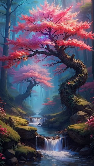 (masterpiece:1.2),high contrast, sharp focus, approaching (perfection:1.2), intricate details, hyper detailed, ethereal background, exquisitely colourful, exotic landscape, two majestic flowering autumn blossom trees, one on each side of a gently flowing brook that have twisted together. The background is veiled in mist, with swirls of bright multicolored blacklight ink swirling around her in beautiful colors. flowers in her hair