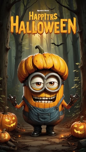 a digital illustration of a movie poster titled "Halloween", Minions parody poster, featuring a halloween skull pumpkin cartoon minions, standing in a dark forest scene, in the background, movie title in a dripping, grungy font, moody yellow and orange color palette, high-resolution.