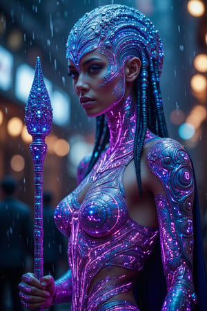 The cyberpunk empress, Extreme Upper Body Closeup Portrait, Neon blue and purple color graded, Face partially covered by robotic casing, , analog Photo of a fierce armored cyber warrior with a staff entwined with glowing digital symbols, action pose, featuring a relentless, translucent armour and clothing, a cape. She is depicted in a rainy city with a digital sky. The glowing neon outlines define the rugged lines of her form, reflective armor. The armor includes a rich purple chest piece with detailed hieroglyphic patterns.
