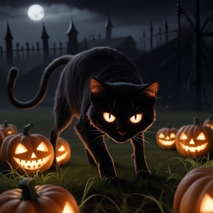 A dark night scene with a black cat perched amidst a haunted landscape of intricately carved and lit jack-o'-lanterns, casting an eerie glow across the dry, rustling grass of the spooky field. The cat's eyes gleam like lanterns in the darkness, as it surveys its surroundings with an air of feline mystery.