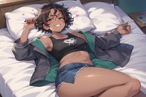 Female, Dark Skin, Dark Brown Hair, messy hair, short hair, curly hair, dark brown eyes, Very smug, grey fingernail polish, Dark Gray jean shorts, dark gray crop top, on bed, dark gray jacket, laying down, arms_up, hands_tied, blushing,valbun,score_9,score_8_up,score_7_up,source_anime,BREAK, hearts