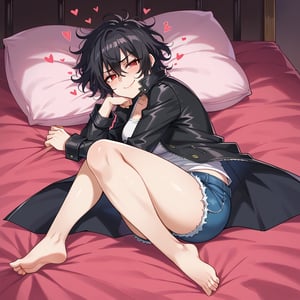 Female, Dark skinned, very smug. black hair,very messy hair, short hair, red eyes , laying down, blushing,BREAK, black jacket,dark jean shorts, hearts, amused, on bed, barefoot