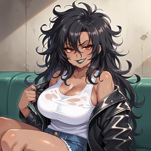 Female, DARK skinned, very smug. black hair,very messy hair, red eyes , posing , black lipstick, black fingernail polish, blushing,BREAK, black jacket, black jean shorts, sweaty, amused, on couch