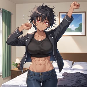 female, Dark skinned. black hair, messy hair, short hair, red eyes , sleepy ,wearing black jacket,  black jeans, bedroom, morning light, abs, stretching, hands up