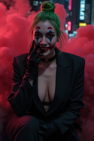 Art of a joker Joker's twisted grin wearing her ((makeup face:1.3)),  ((her suit)), ((black skrit)), black glove sharp claw, ((red smoke)), her ((green ponnytail bun hairstyle:1.5)), sexy pose, dark night, ((neon light city)), cyberpunk realistic city background 