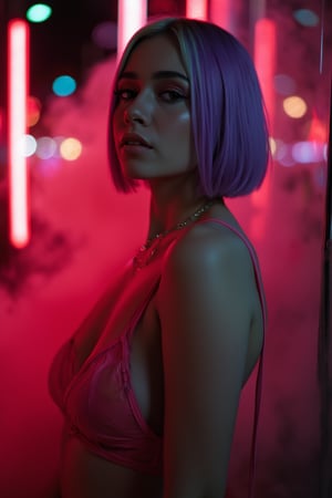 A woman wearing her ((light makeup)), ((her bikini)), ((red smoke)), her ((purple green hairstyle:1.5)), sexy pose, dark night, ((neon light city)), cyberpunk realistic city background , flashing camera light