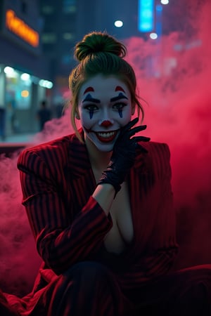 Art of a joker Joker's twisted grin wearing her ((makeup face:1.3)),  ((her suit)), ((black skrit)), black glove sharp claw, ((red smoke)), her ((green ponnytail bun hairstyle:1.5)), sexy pose, dark night, ((neon light city)), cyberpunk realistic city background 