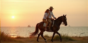 "A romantic and bold picture. * Person: A man wearing a sports suit and a hat on his head. * Girl: A girl wearing a white shirt and brown pants. * Background: Sunset on the light white sea. * Plants: Some green grasses on the ground. * Horse: A small black horse, carrying the girl on his back. * The person: riding a horse in front, carrying the girl on his back. * The girl: her eyes shining and holding her arm around the man's neck. * The man: he starts walking, carrying the girl on his back. * Background: Sunset on the sea Light white, with some ships on the sea * Plants: Some green grasses on the ground.