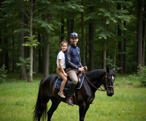 Portrait of a male figure on a horse.   * Person: A man wearing a sports suit and a hat on his head.  * Horse: A small black horse that carries a person on its back.  * Background: Green forest, with some tall trees.  * Plants: Some green grasses on the ground.   Portrait of a girl on a horse.   * Girl: A girl wearing a white shirt and brown pants.  * Horse: A small black horse, carrying the girl on its back.  * Background: Green forest, with some tall trees.  *Plants: Some green grasses on the ground.”