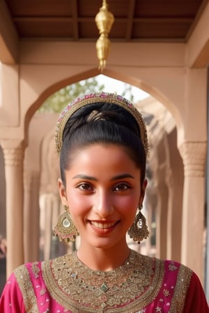 "The picture is a picture of a girl from Yemen wearing an elegant and interestingly designed Yemeni dress. Her long, thick hair and charming eyes are well shown. Her colorful dress with bright colors decorated with Yemeni traditional decorations is beautifully shown. Her beautiful snout is clearly visible. Her face shows a warm smile and beautiful features The picture reflects the beauty of Yemeni culture well.”