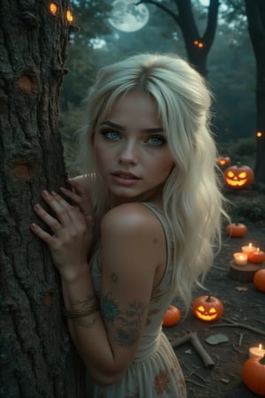 masterpiece, 8k, HDR, best quality, photograph, analog style, real life, extremely beautiful, (highly detailed, intricately detailed), (highly detailed skin), (alluring eyes), A digital rendering of a woman with white hair and golden highlights, leaning on a tree, with her hands, adorable and ghostly with large, expressive eyes that convey wonder and curiosity. The turquoise eyes should be soft and illuminated, with tones that blend perfectly with the dark environment, in a forest with bright pumpkins, candles and the tree with large eyes, a full moon