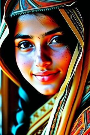 "The picture is a picture of a girl from Yemen wearing an elegant and interestingly designed Yemeni dress. Her long, thick hair and charming eyes are well shown. Her colorful dress with bright colors decorated with Yemeni traditional decorations is beautifully shown. Her beautiful snout is clearly visible. Her face shows a warm smile and beautiful features The picture reflects the beauty of Yemeni culture well.”