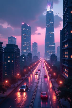 A wide-angle shot of a futuristic urban landscape at dusk, with towering skyscrapers illuminated by neon lights. Hovering vehicles zip through the air, casting dynamic shadows on the sleek, metallic streets. The composition is balanced, with the sky filled with a gradient of purples and blues, and the cityscape bustling with activity. The lighting is dramatic, highlighting the contrast between the cold, metallic structures and the warm, glowing lights.