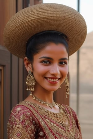 "The picture is a picture of a girl from Yemen wearing an elegant and interestingly designed Yemeni dress. Her long, thick hair and charming eyes are well shown. Her colorful dress with bright colors decorated with Yemeni traditional decorations is beautifully shown. Her beautiful snout is clearly visible. Her face shows a warm smile and beautiful features In the background, some traditional Yemeni shapes appear, such as domes and lighthouses. The picture reflects the beauty of Yemeni culture well.