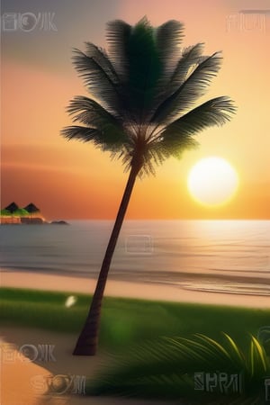 Photo of sunset on the beach.   *Photo background: light white sea. * Sun: Image of a setting sun on water. * Tree: A short palm tree near the beach. * Plants: Some green grasses on the beach. * Animals: Some birds on the tree.