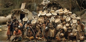 A stark black and white composition: a group of individuals, dressed in rustic attire, congregates around an enormous stack of pristine ceramic vessels. The men don worn hats, while the women's long-sleeved shirts and shorts evoke a sense of modesty. Some males grasp wooden staffs, others sit cross-legged on the earth. In the distance, two thatched huts stand sentinel, their rustic simplicity contrasting with the vibrant colors of the gathering.