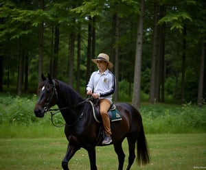 Portrait of a male figure on a horse.   * Person: A man wearing a sports suit and a hat on his head.  * Horse: A small black horse that carries a person on its back.  * Background: Green forest, with some tall trees.  * Plants: Some green grasses on the ground.   Portrait of a girl on a horse.   * Girl: A girl wearing a white shirt and brown pants.  * Horse: A small black horse, carrying the girl on its back.  * Background: Green forest, with some tall trees.  *Plants: Some green grasses on the ground.”