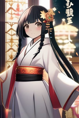 In a Kyoto Animation-style anime, two stunning girls stand out against a backdrop of ethereal light. The beautiful, 16-year-old black-haired woman wears a gorgeous hooded kimono with intricate details, paired with a miniskirt that accentuates her fantasy punk aesthetic. Her long hair flows like silk as she strikes a pose, bathed in cinematic lighting that highlights the rich colors and textures of her outfit. Golden hues dance across her face, casting an otherworldly glow on her fair skin. Glittering decorations adorn her kimono, adding a touch of whimsy to this already breathtaking scene. The camera captures every detail with crystal clarity, as if rendered in 8K Ultra-High Definition. This is a true masterpiece, replete with meticulous lines and attention to detail that leaves the viewer in awe.