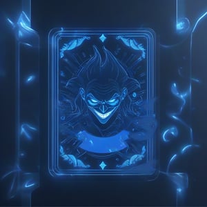 BLUE neon JOKER CARD, transparent, overview, place on the table